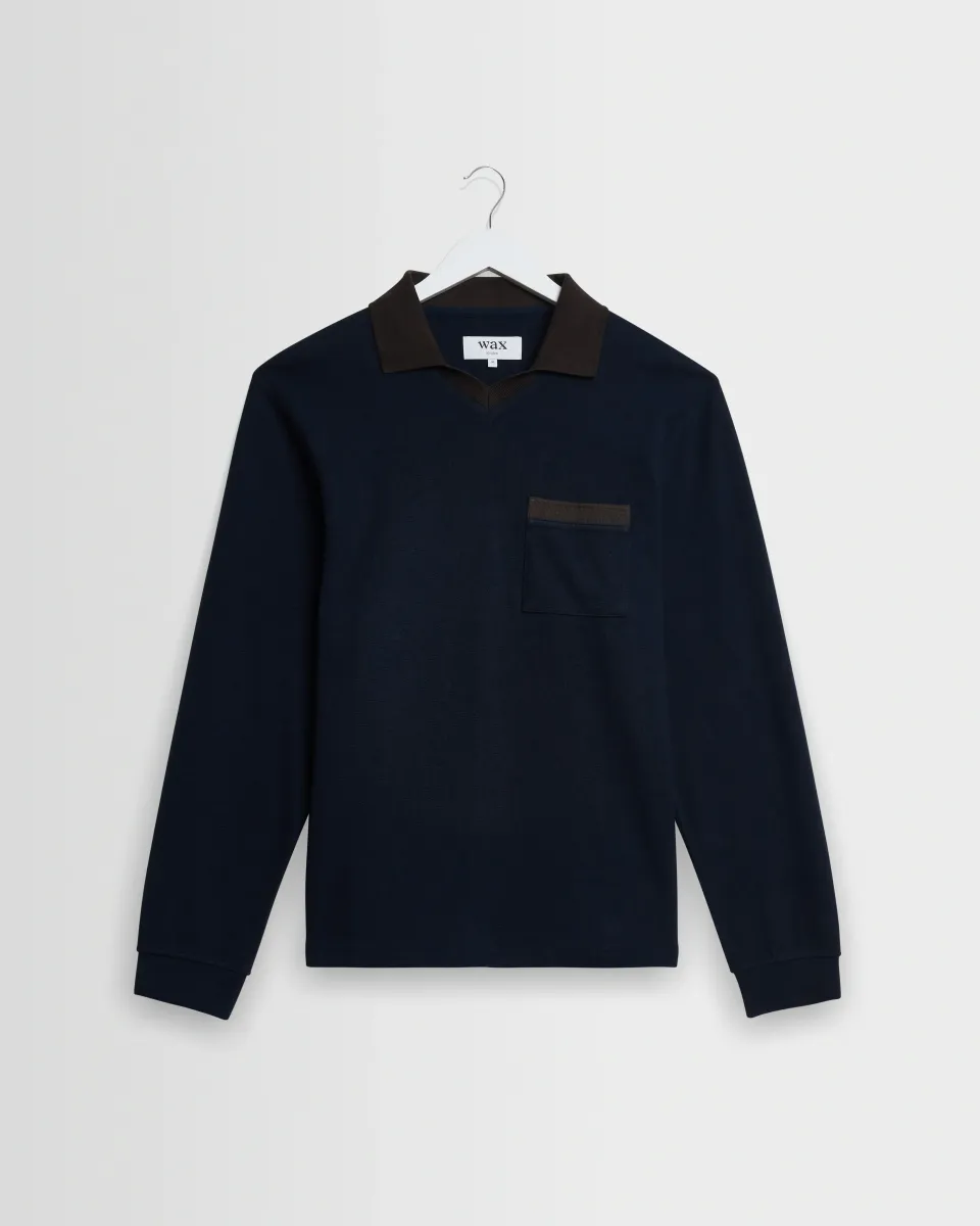 Pendal - Navy and Brown Long-Sleeve Organic Cotton Polo