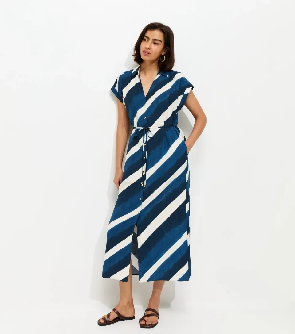 Women's Blue Striped Short Sleeve Midi Shirt Dress