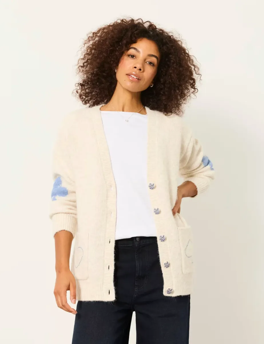 Wool Rich Heart V Neck Longline Cardigan