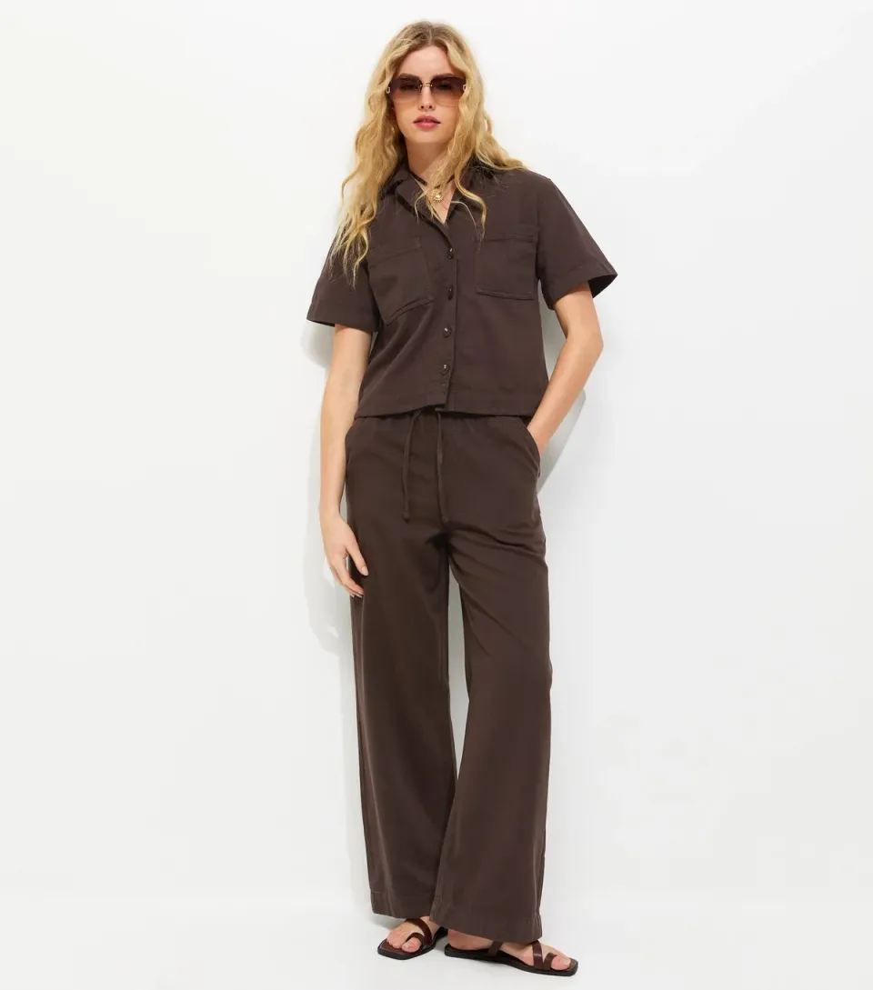 Women's Brown Cotton Twill Short Sleeve Boxy Shirt