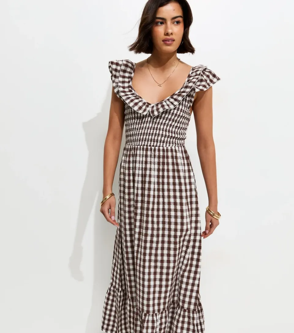 Women's Brown Cotton Gingham Ruffled Neck Midi Dress