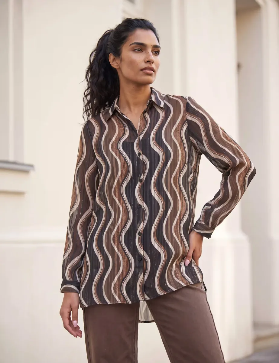 Satin Printed Collared Shirt Chocolate