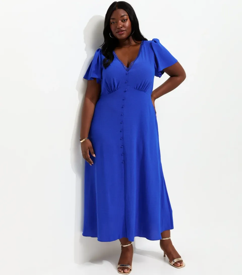 Women's Plus Size Bright Blue Lace Trim Midi Tea Dress Curves