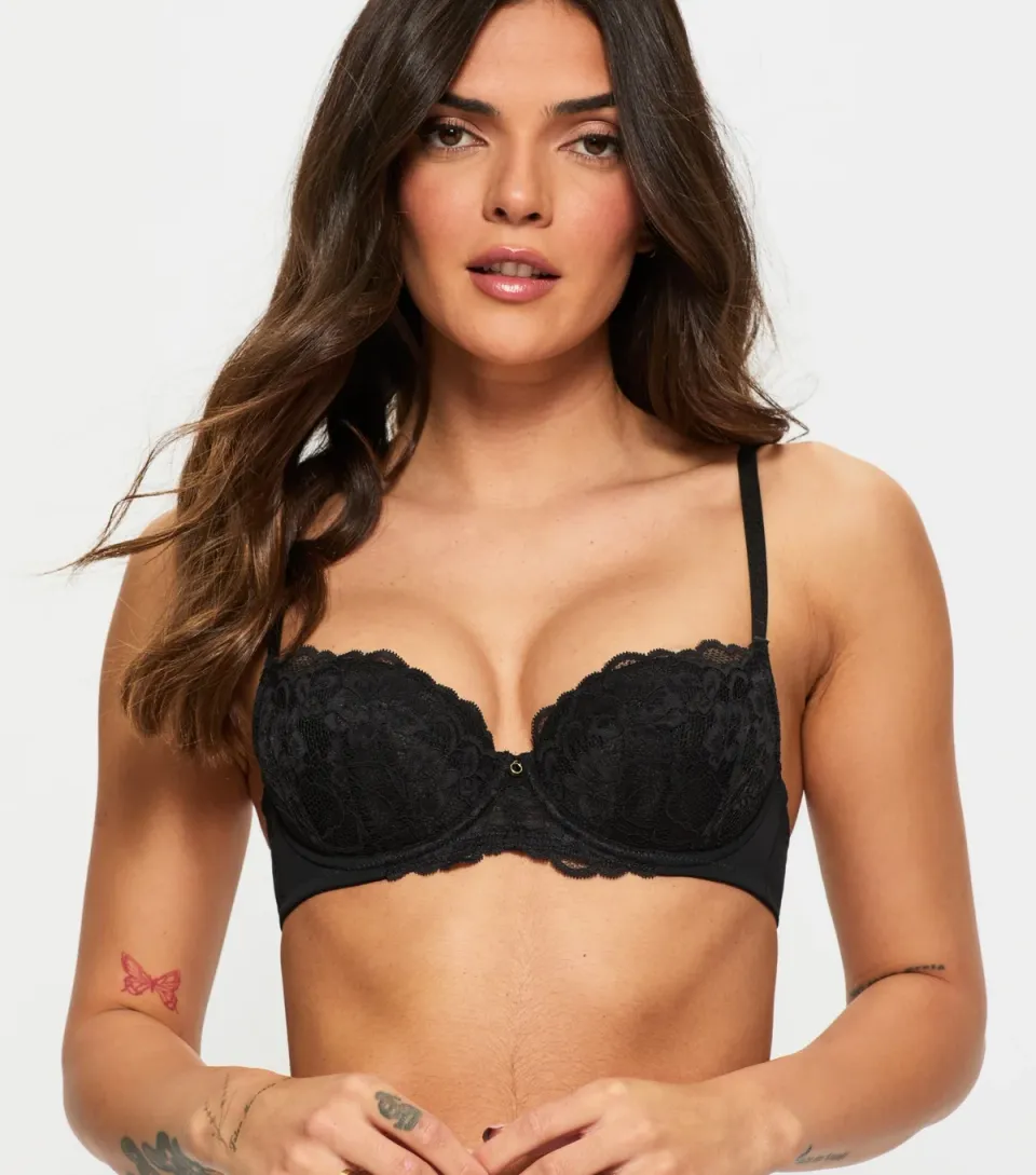Women's Black Sexy Lace Padded Balcony Bra