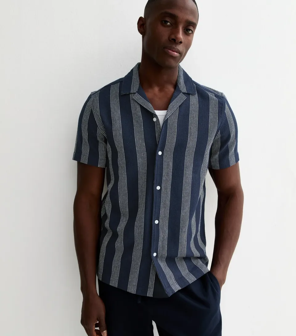 Men's Blue Regular Striped Short Sleeve T-Shirt