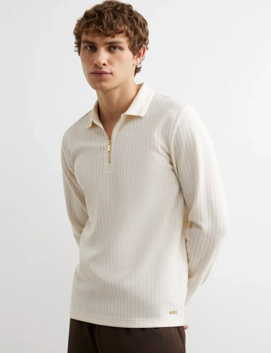 Textured Zip Up Long Sleeve Polo Shirt Ecru