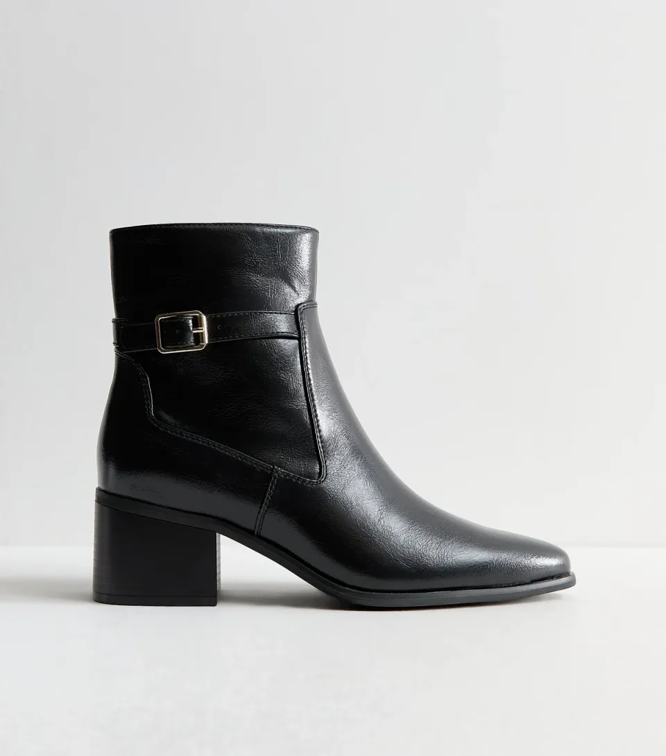 Women's Black Faux Leather Block Heel Pointed Toe Boots Vegan