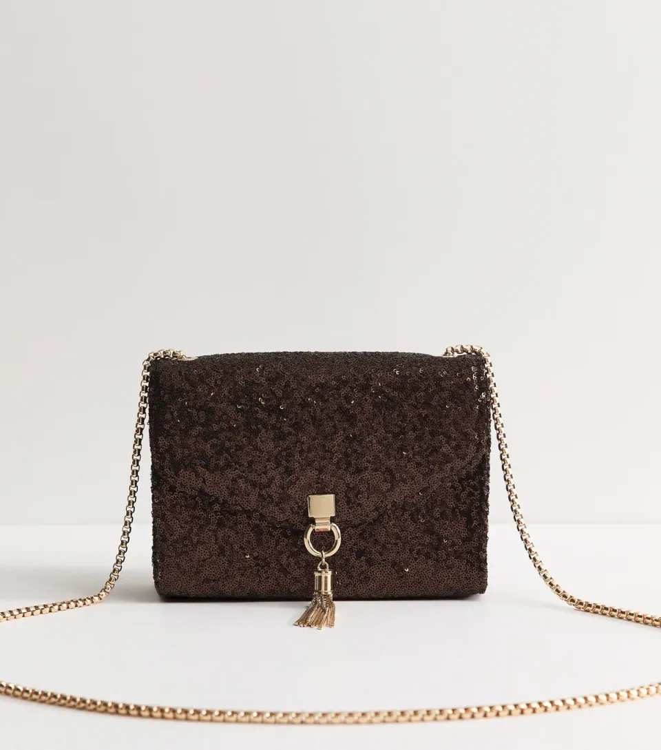 Dark Brown Micro Sequin Embellished Crossbody Bag