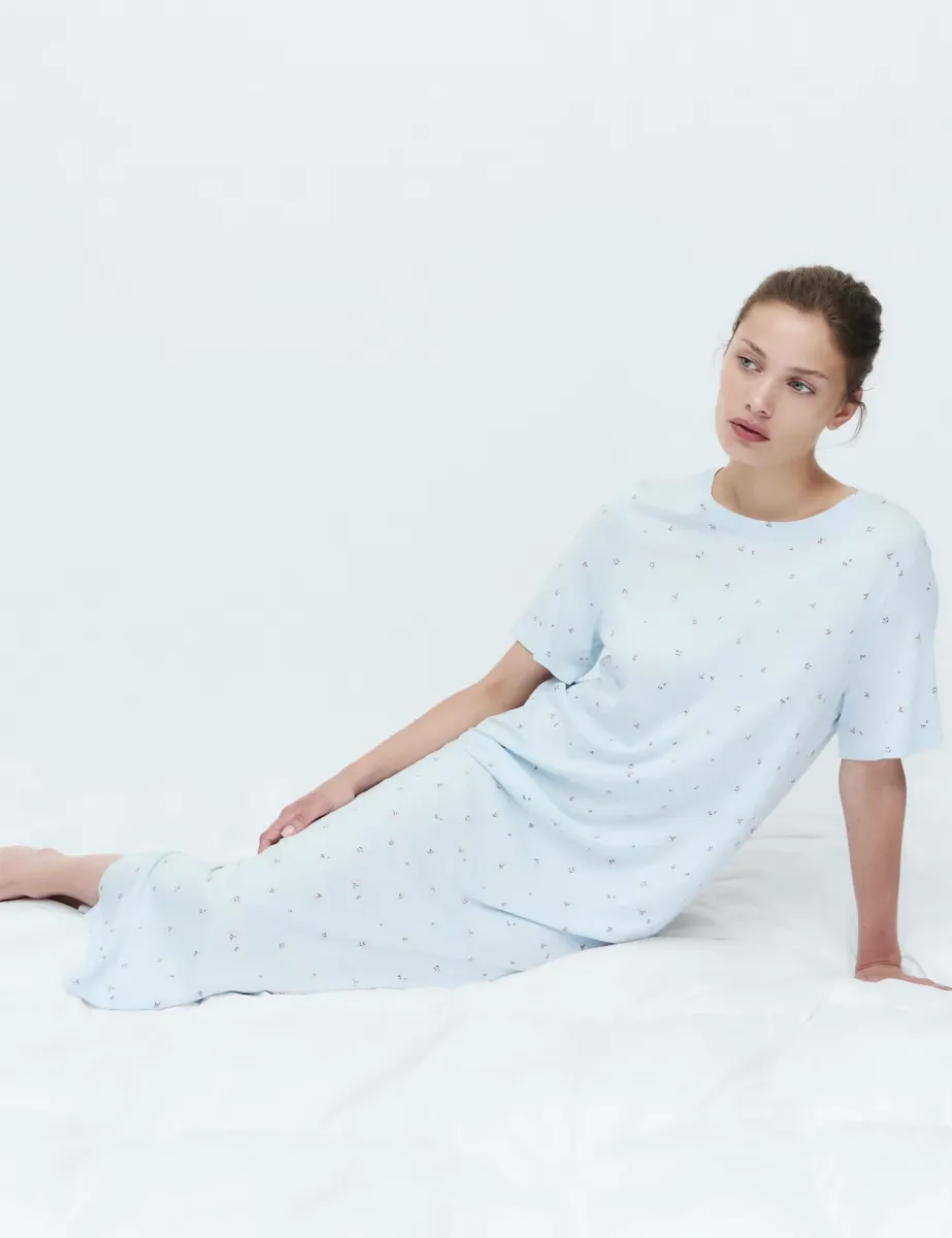 Cotton Modal Printed Long Nightdress Light Blue Mix