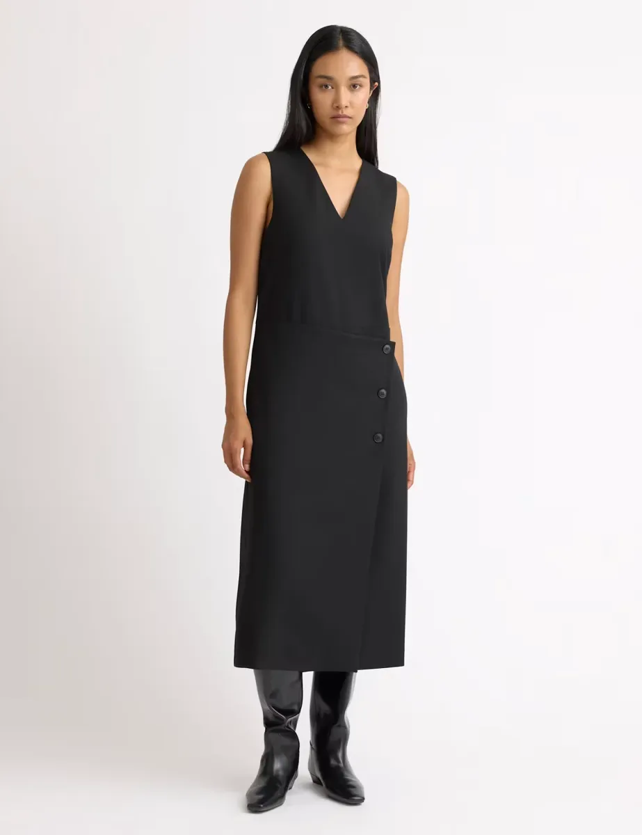 V-Neck Midi Tailored Wrap Dress Black