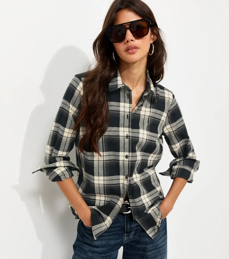 Women's Black Cotton Monochrome Check Long Sleeve Shirt