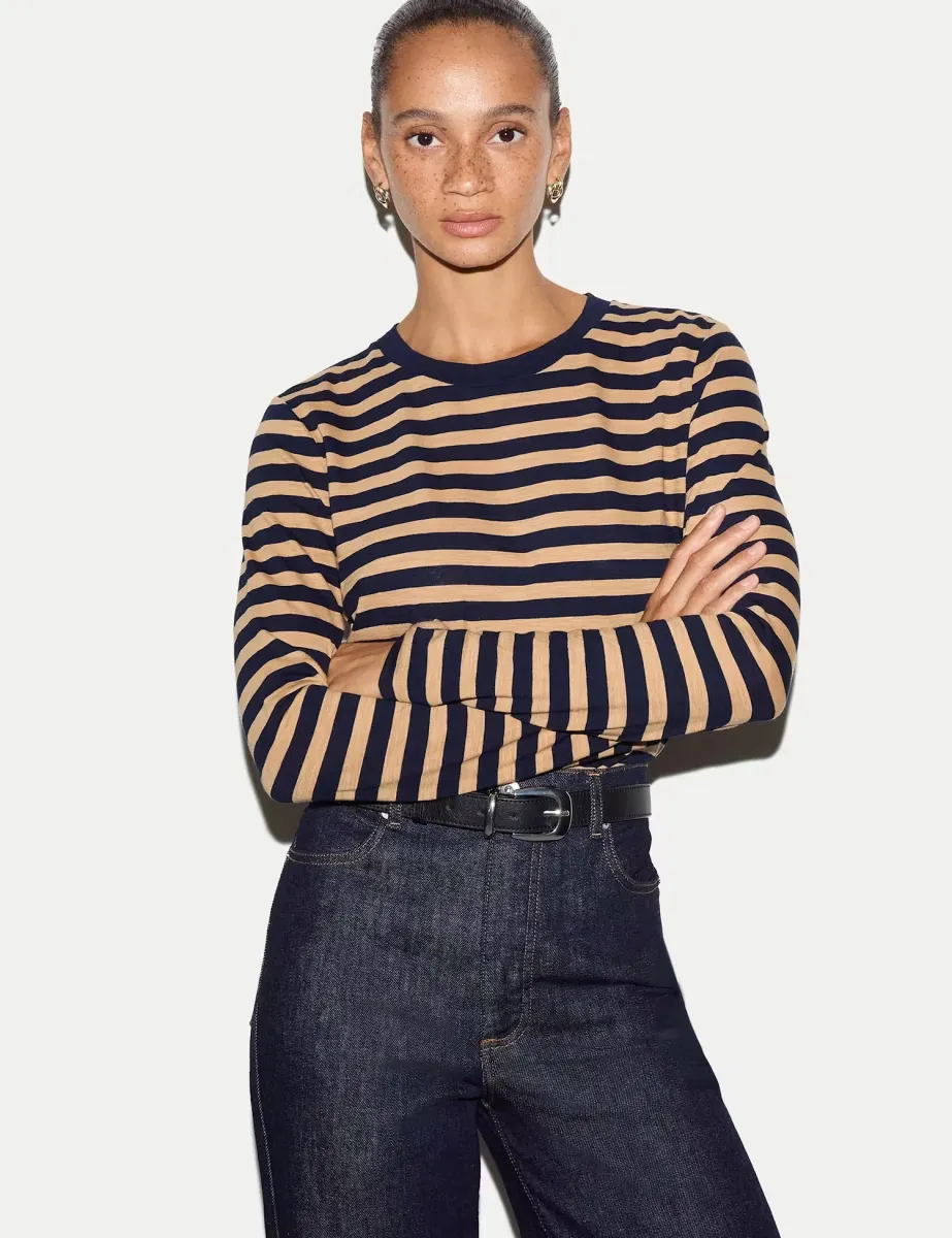 Pure Cotton Slub Striped Slim Fit Top Camel Mix