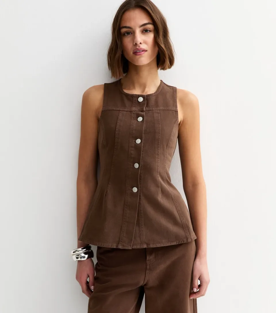 Women's Brown Denim Panelled Longline Peplum Waistcoat