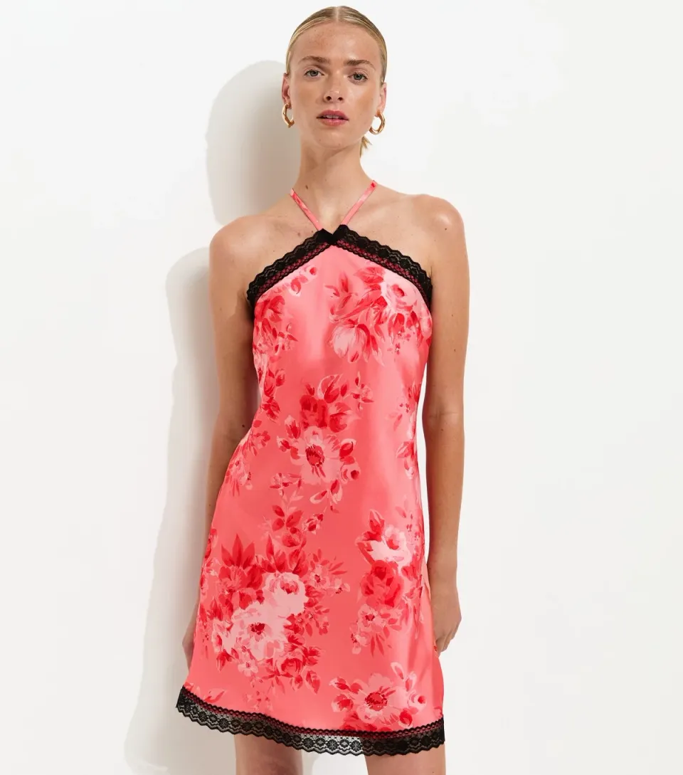 Women's Pink Satin Rose Print Halterneck Mini Dress
