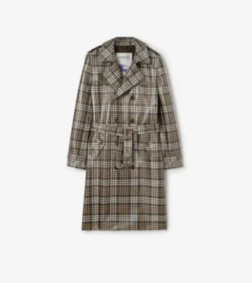 Long Check Coated Raffia-effect Foxfield Trench Coat in Chalk white/truffle brown