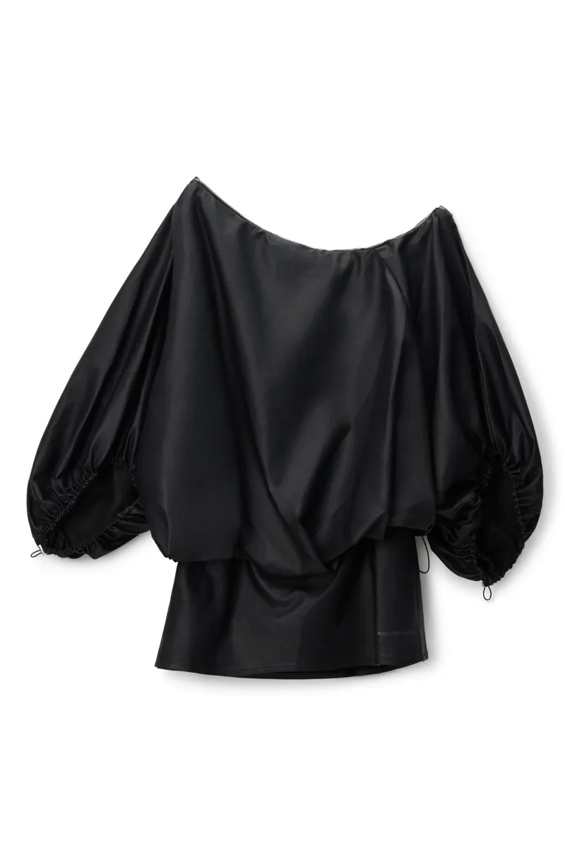 Leather gathered off shoulder mini dress