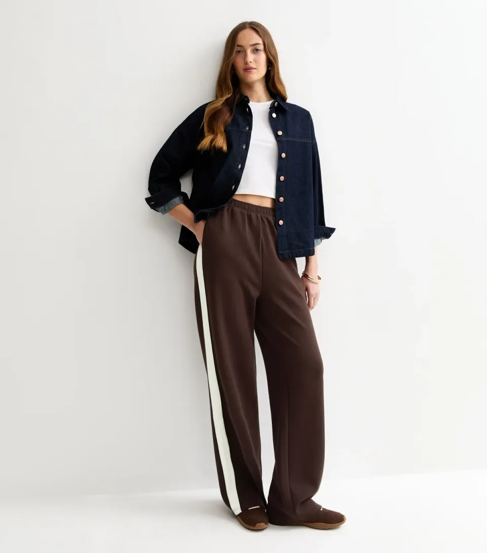 Women's Tall Premium Brown Jersey Striped Wide Leg Joggers