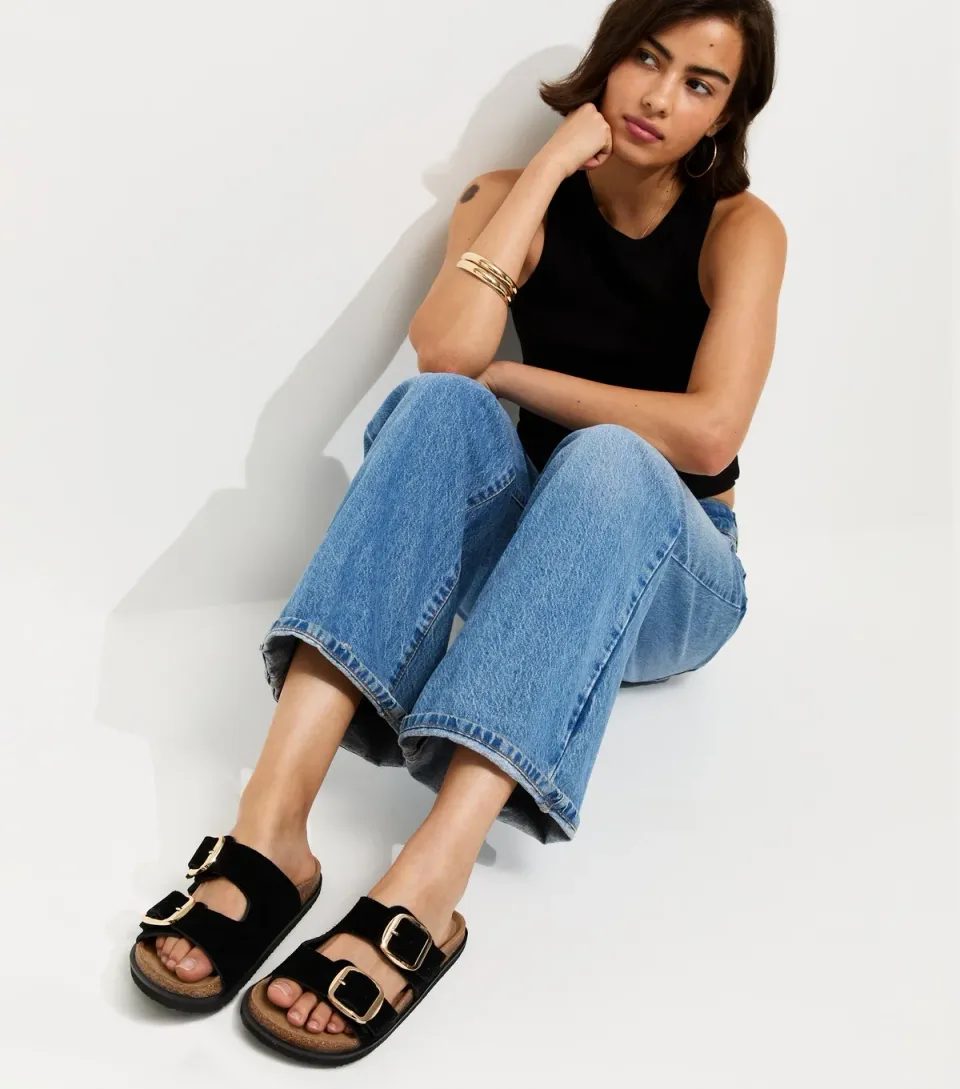 Women's Premium Real Leather Black Real Suede Buckled Strap Sandals