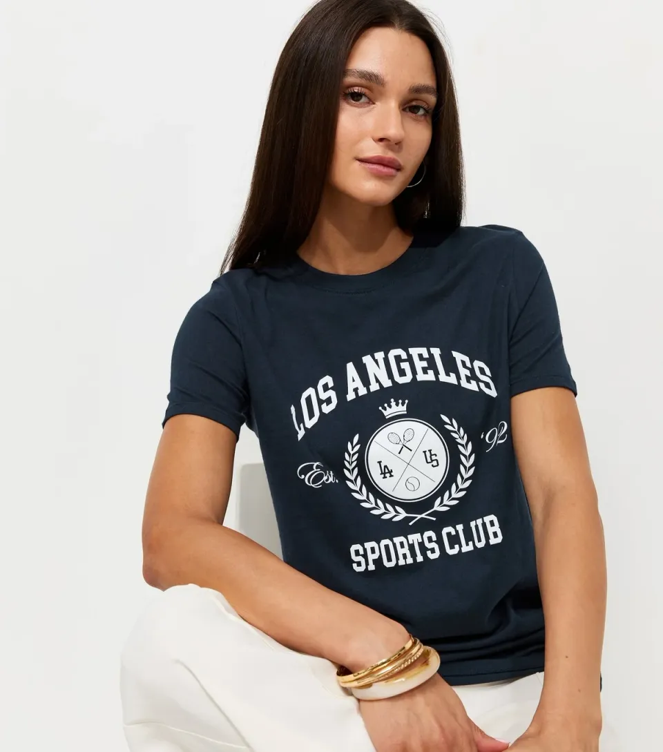 Women's Navy Cotton Los Angeles Sports Club Relaxed Fit T-Shirt