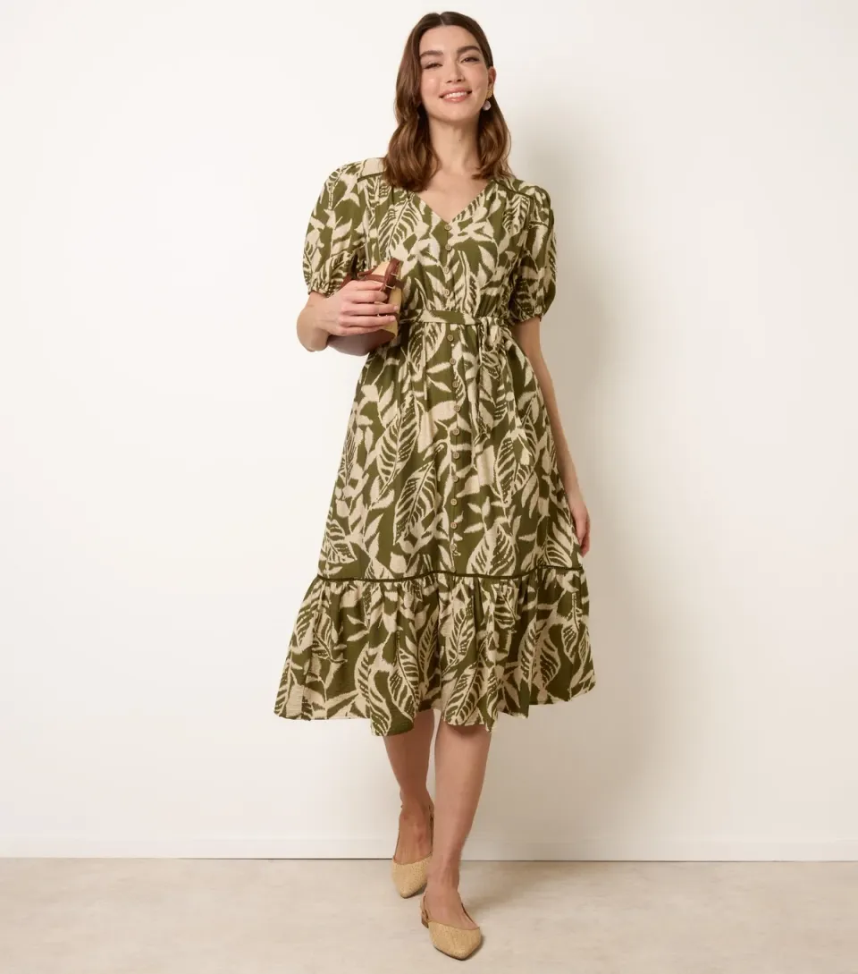 Women's Dark Khaki Leaf Print Button Detail Midi Dress
