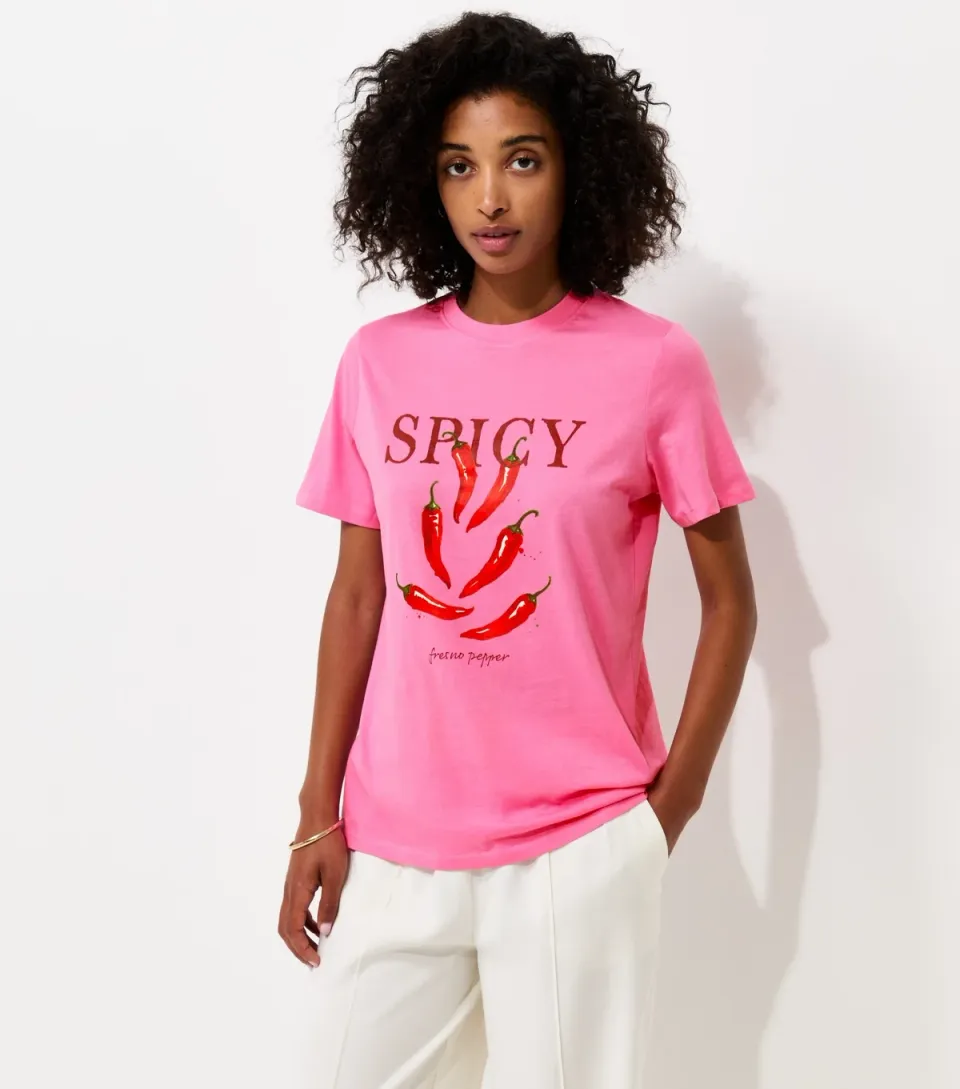 Women's Bright Pink Cotton Spicy Chilli Print Relaxed T-Shirt