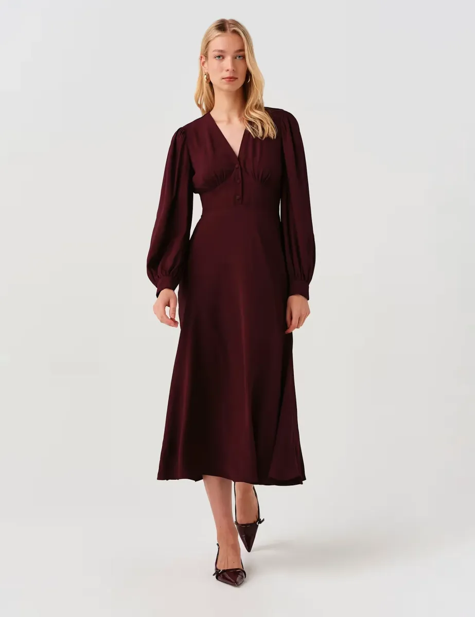 V-Neck Button Detail Midi Waisted Dress Burgundy