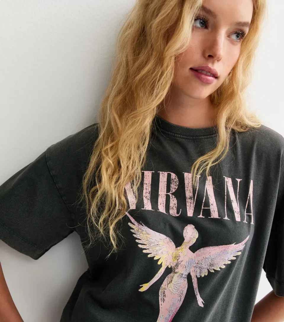 Women's Dark Grey Nirvana Angel Print Oversized T-Shirt