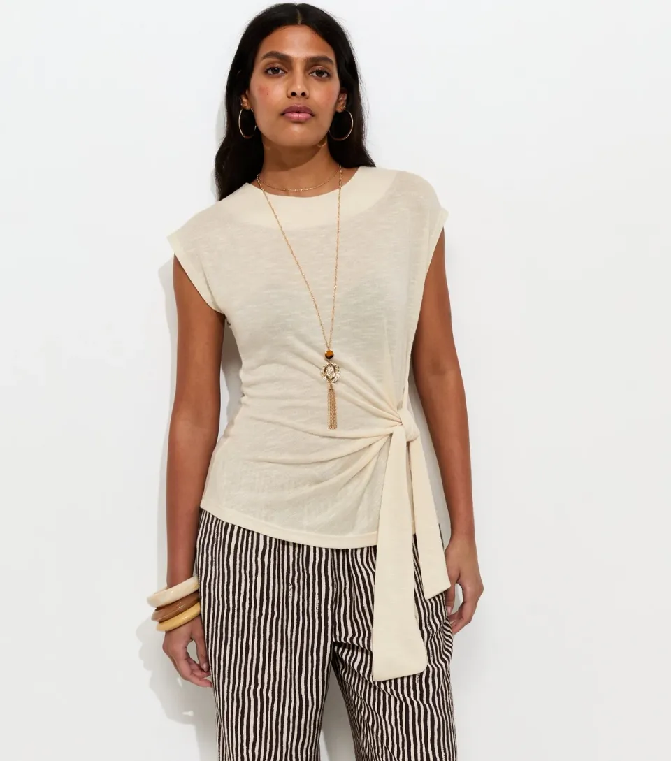 Women's Cream Soft Touch Slubby Tie Front Top