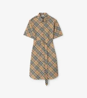 Check Cotton Shirt Dress in Sand beige