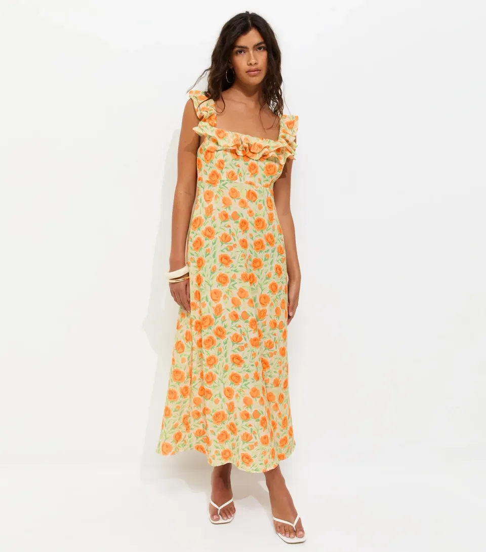 Women's Bright Orange Floral Scoop Neck Ruffle Midi Dress