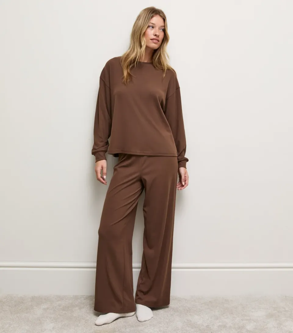 Women's Dark Brown Jersey Wide Leg Joggers