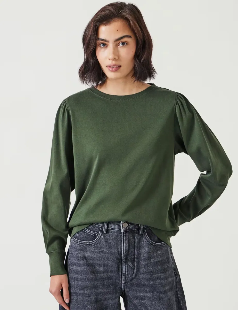 Pure Cotton Puff Sleeve Top Dark Khaki