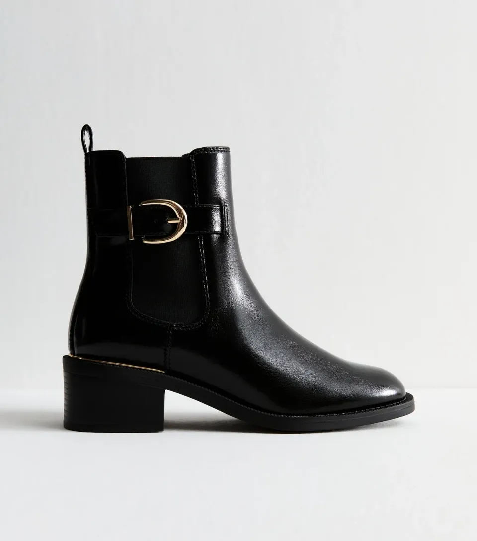 Women's Black Faux Leather Buckle Detail Ankle Boots Vegan
