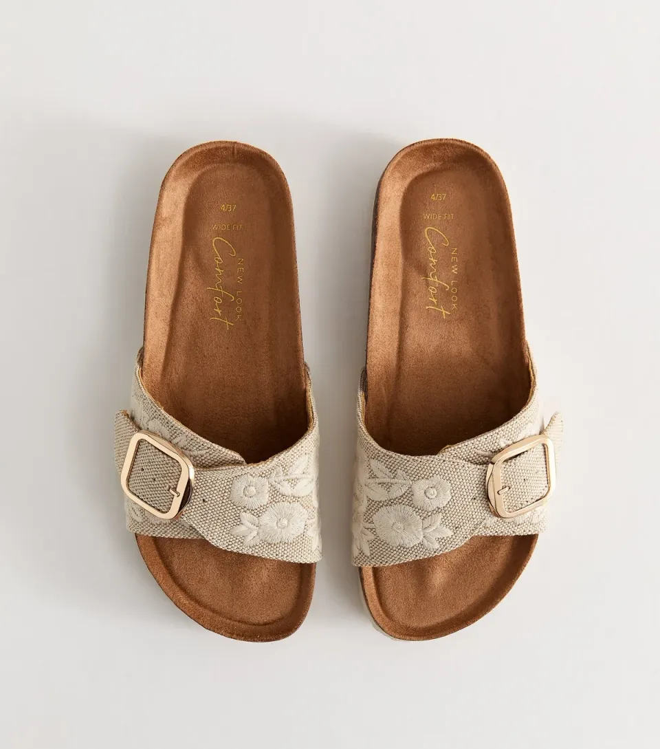 Women's Wide Fit Cream Floral Embroidered Raffia Mules Vegan