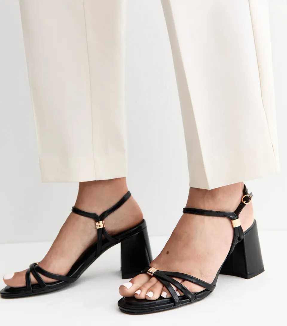 Women's Black Faux Leather Block Heel Sandals Vegan