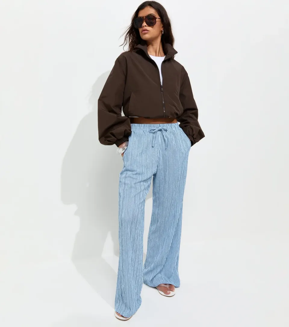 Women's Blue Thin Stripe Crinkle Texture Wide Leg Trousers