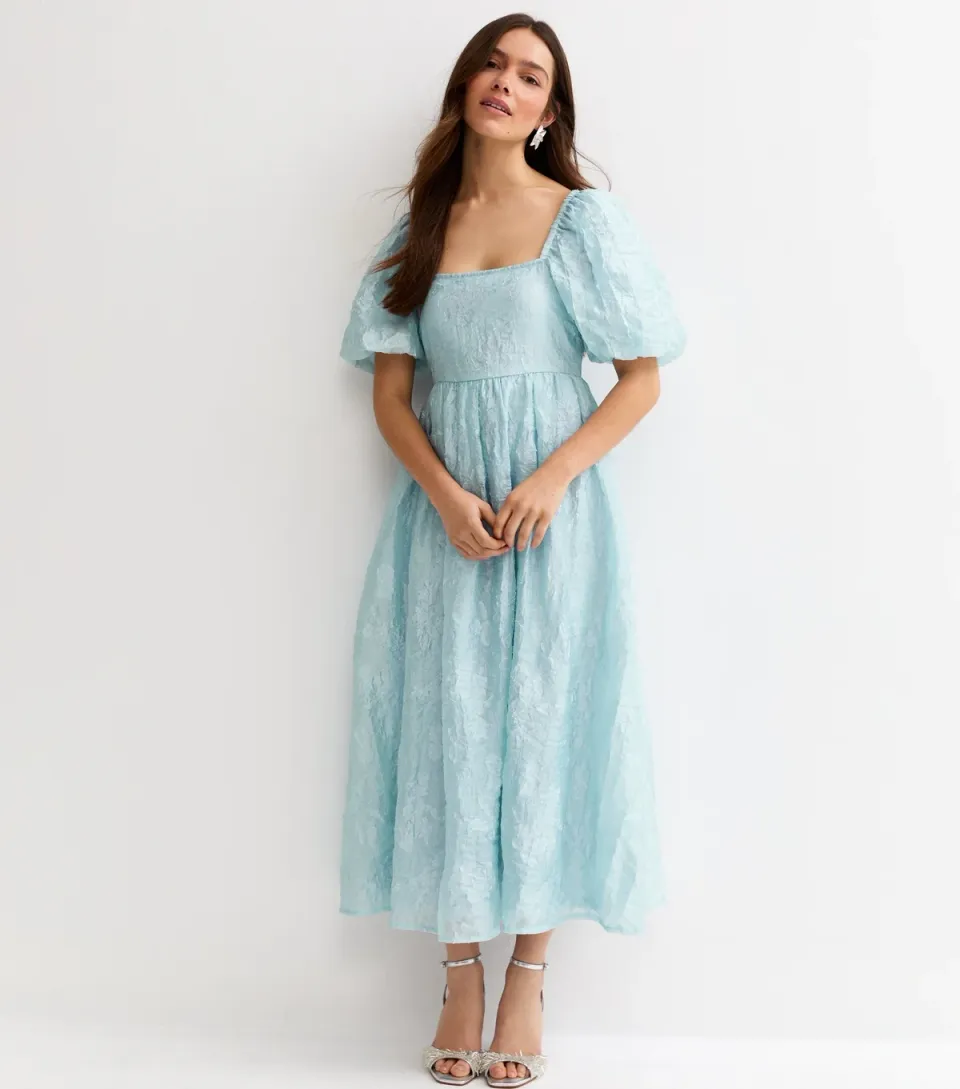 Women's Petite Light Blue Glitter Milkmaid Midi Dress