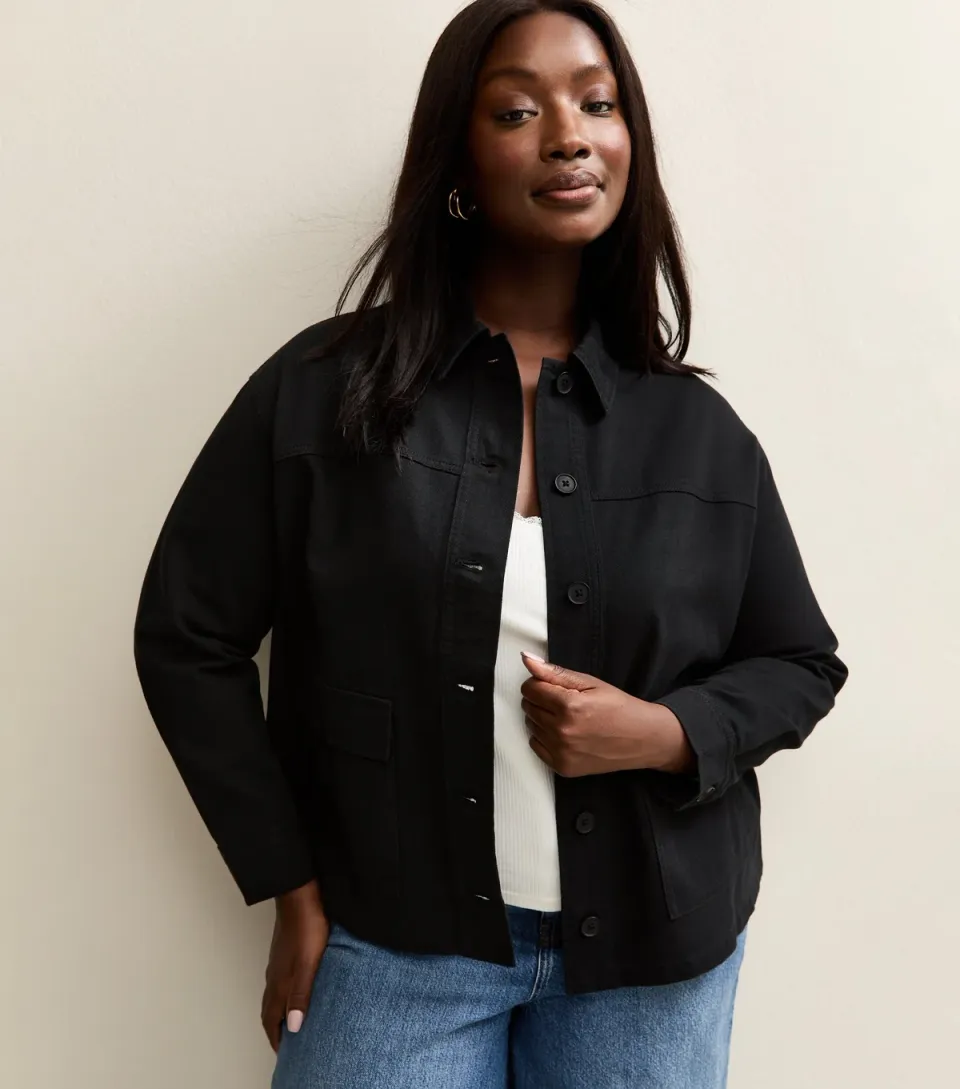Women's Plus Size Black Cotton Flap Pocket Shacket Curves