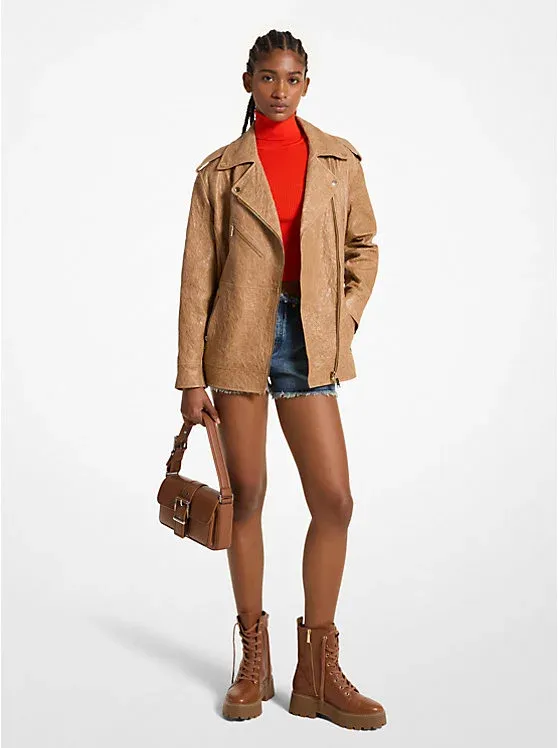 Oversized Crinkled Leather Moto Jacket