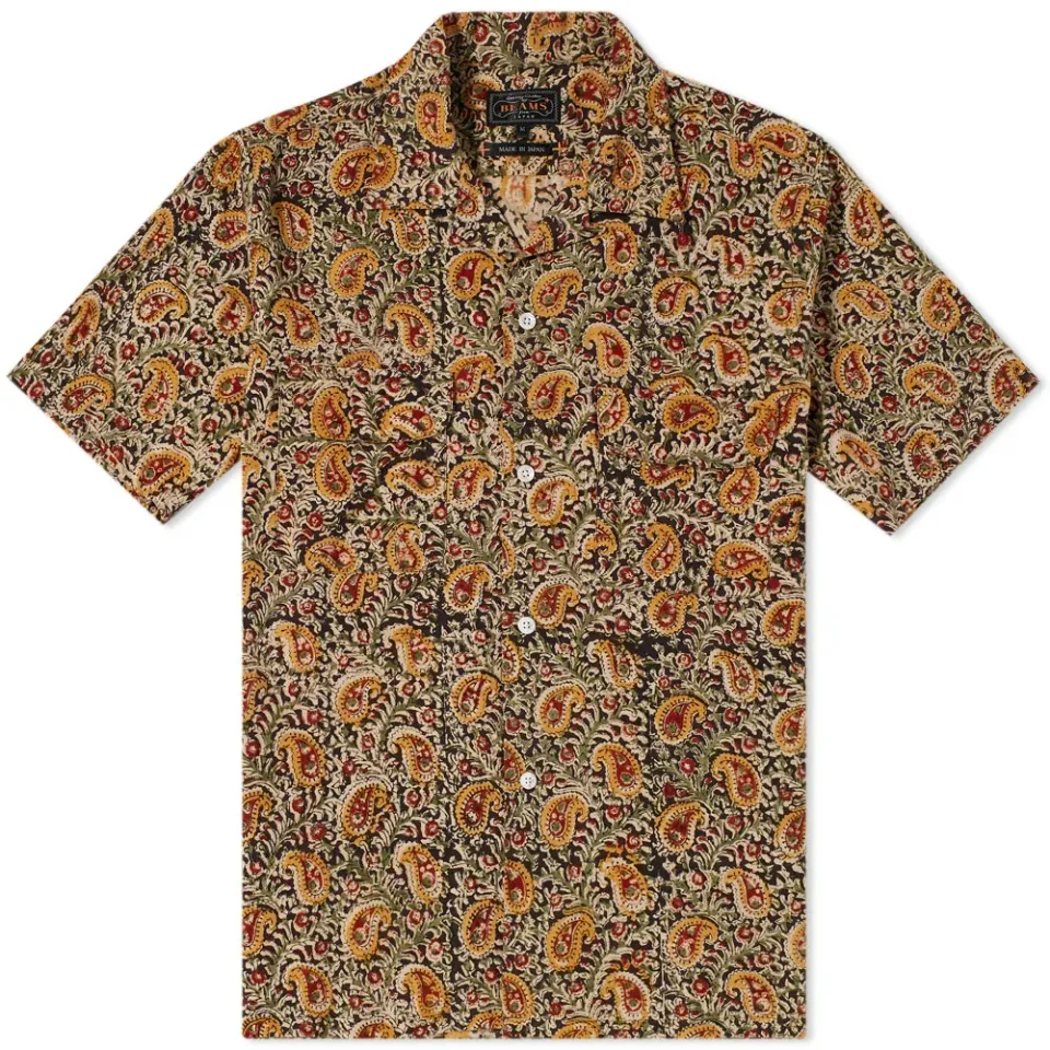 Short Sleeve Open Collar Indian Paisley Print Shirt