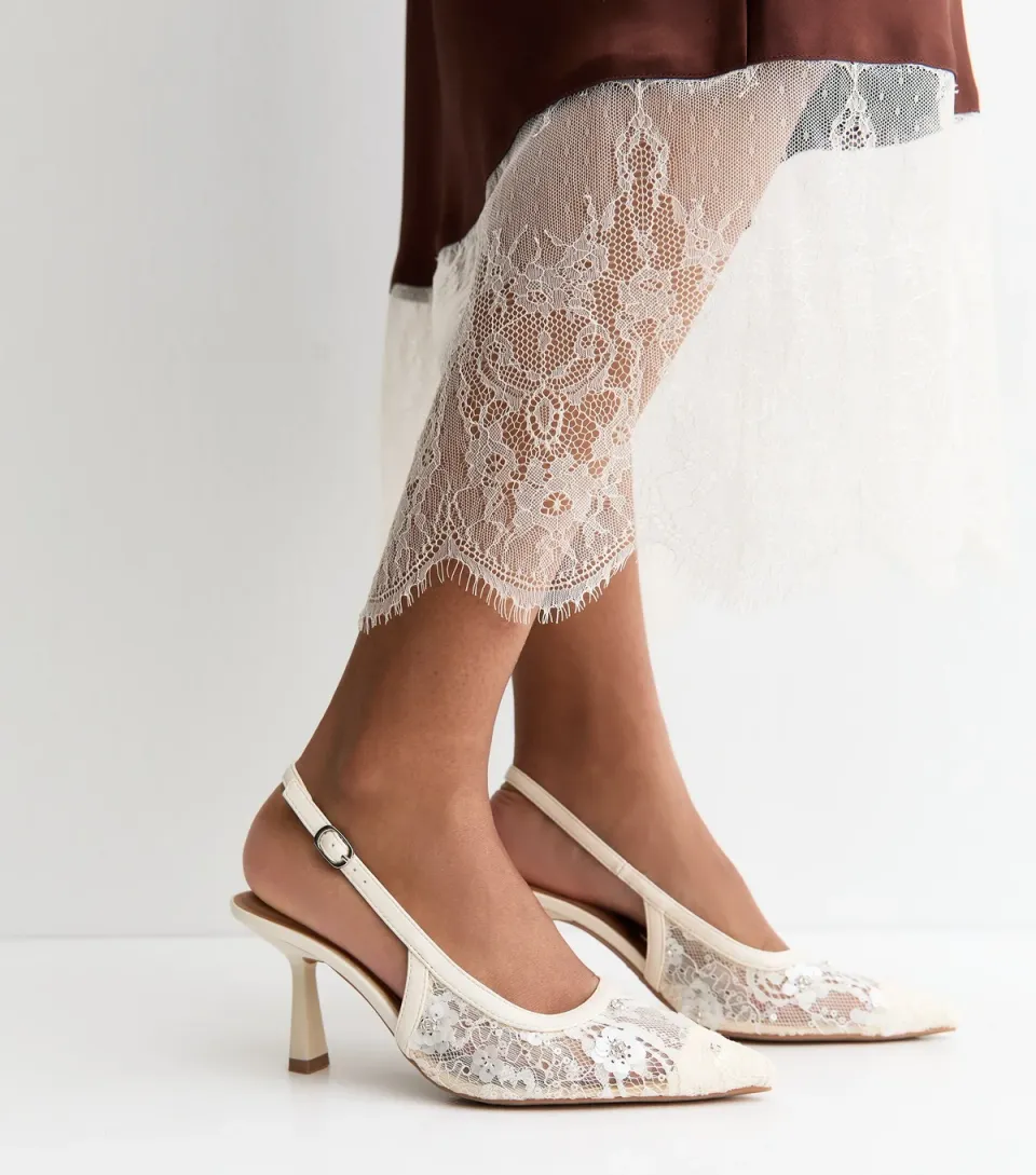 Women's White Sequinned Floral Lace Slingback Court Shoes Vegan