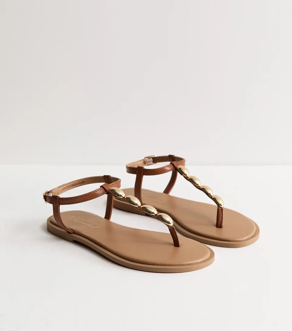 Women's Wide Fit Tan Faux Leather Metal Toe Post Sandals Vegan