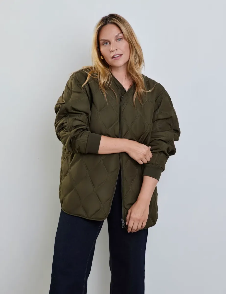 Quilted Collarless Bomber Jacket Khaki