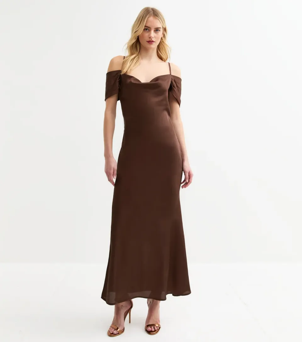 Women's Tall Dark Brown Bardot Satin Midi Dress