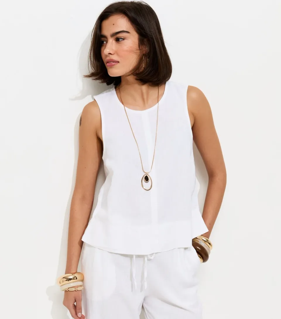 Women's White Linen Blend Sleeveless Top