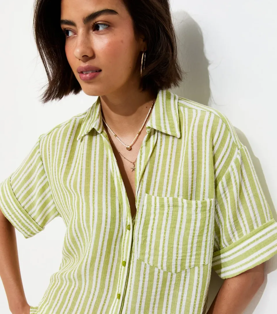 Women's Green Striped Cropped Short Sleeve Shirt