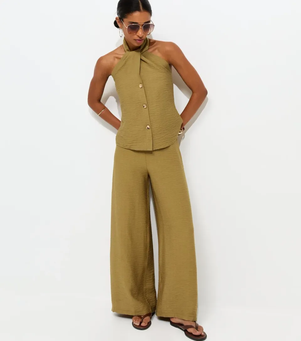 Women's Light Khaki Crinkle Wide Leg Trousers