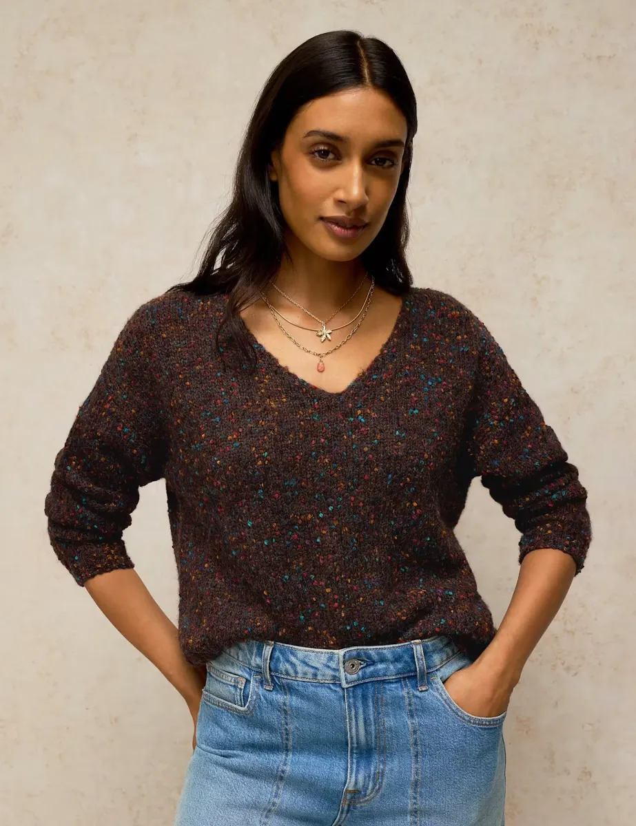 Textured Flecked V-Neck Jumper with Wool Dark Brown