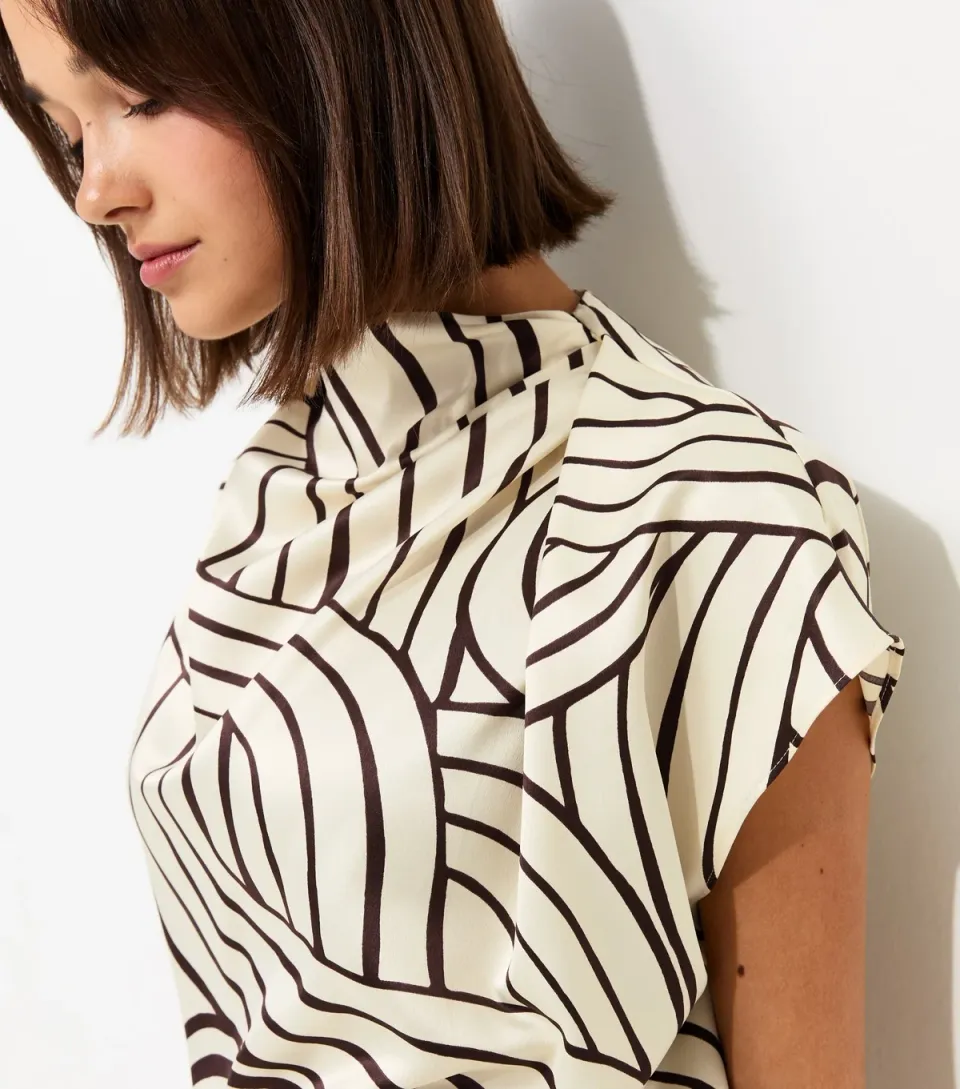 Women's Cream Swirl Print Cowl Neck Top