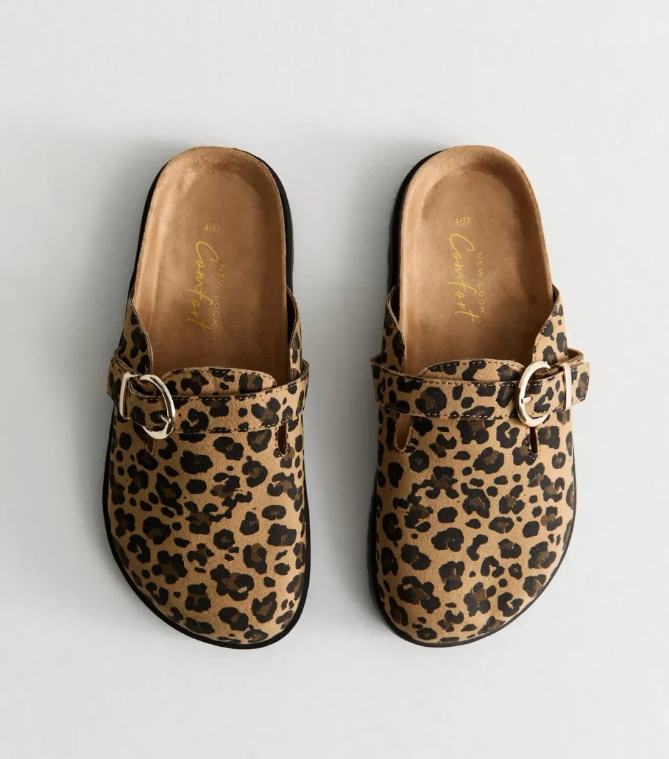 Women's Brown Leopard Print Suedette Buckled Clogs Vegan